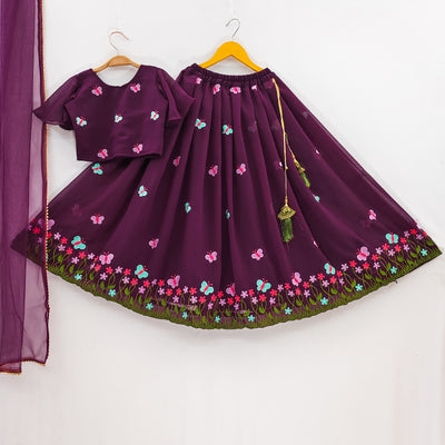 Wine Butterfly Embroidered Girls Lehenga Choli