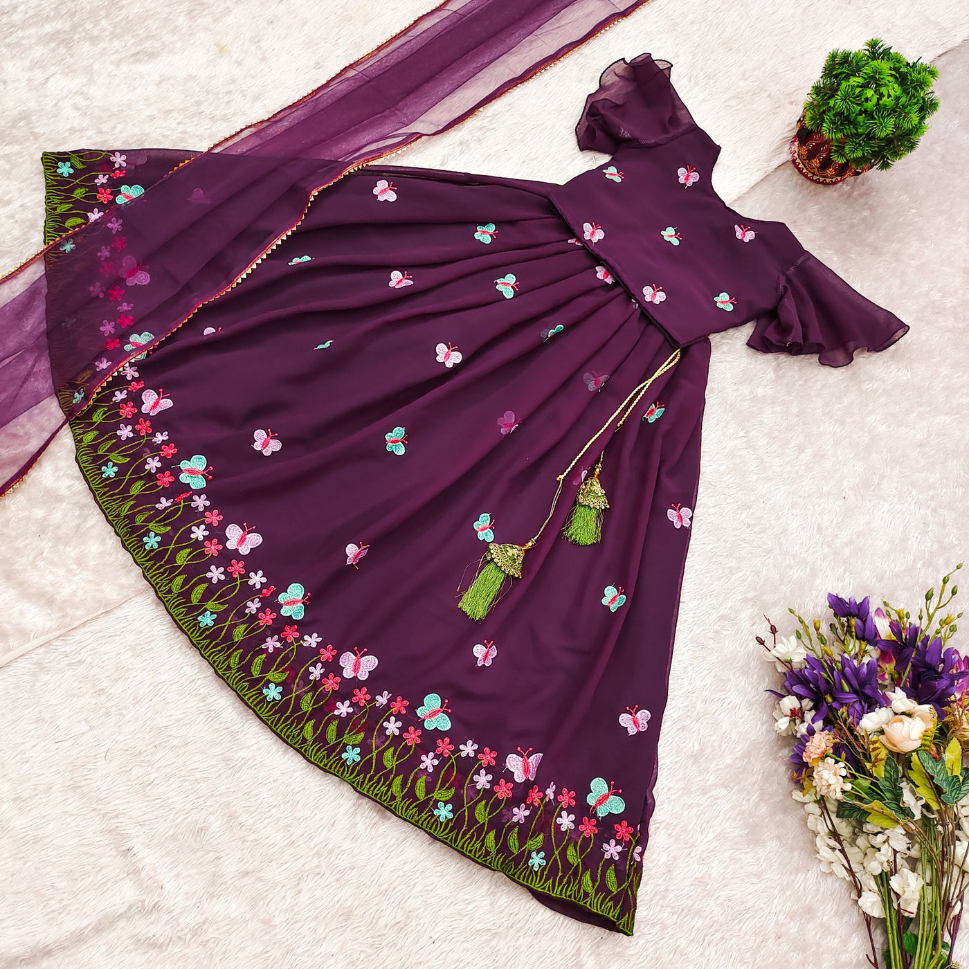 Wine Butterfly Embroidered Girls Lehenga Choli