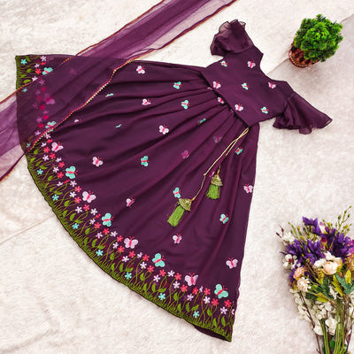 Wine Butterfly Embroidered Girls Lehenga Choli