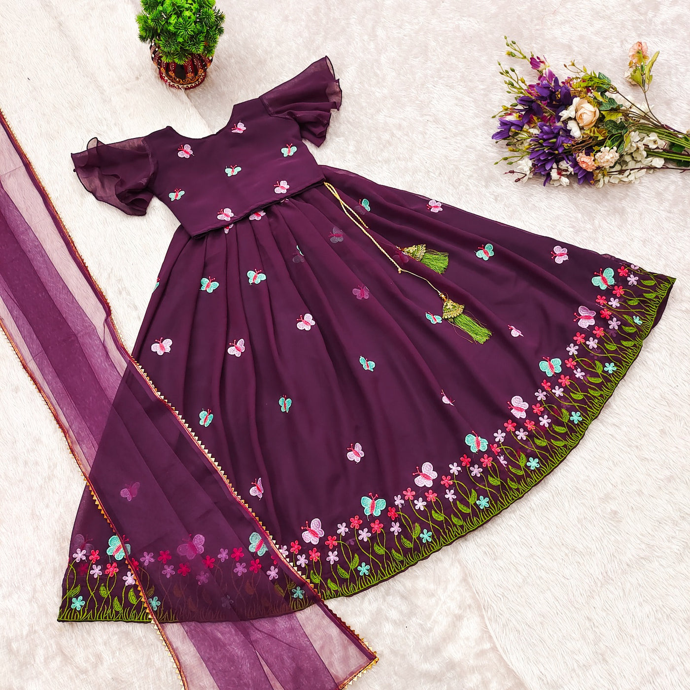 Wine Butterfly Embroidered Girls Lehenga Choli