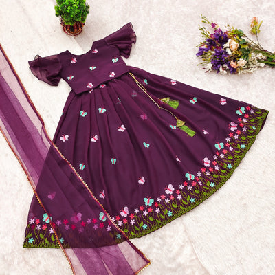 Wine Butterfly Embroidered Girls Lehenga Choli