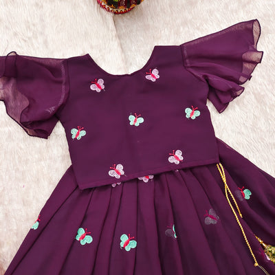 Wine Butterfly Embroidered Girls Lehenga Choli