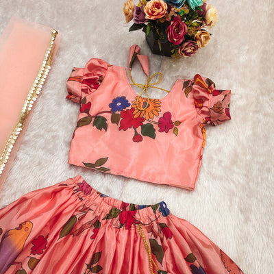 Peach Bird & Floral Printed Girls Lehenga Choli