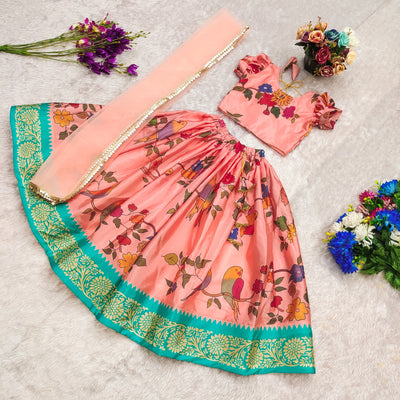 Peach Bird & Floral Printed Girls Lehenga Choli