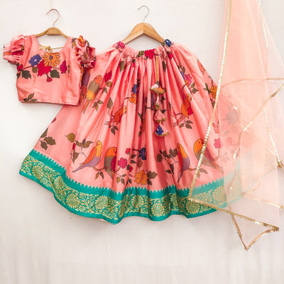 Peach Bird & Floral Printed Girls Lehenga Choli