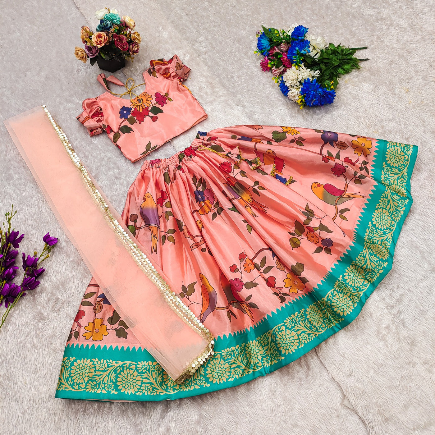 Peach Bird & Floral Printed Girls Lehenga Choli