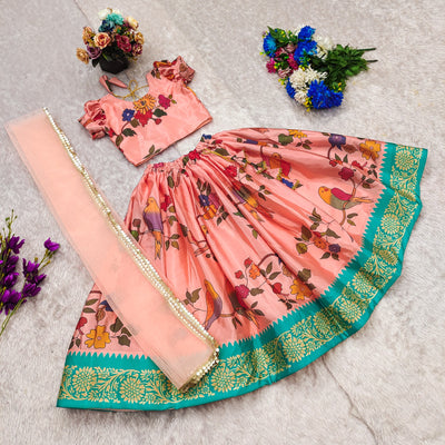 Peach Bird & Floral Printed Girls Lehenga Choli