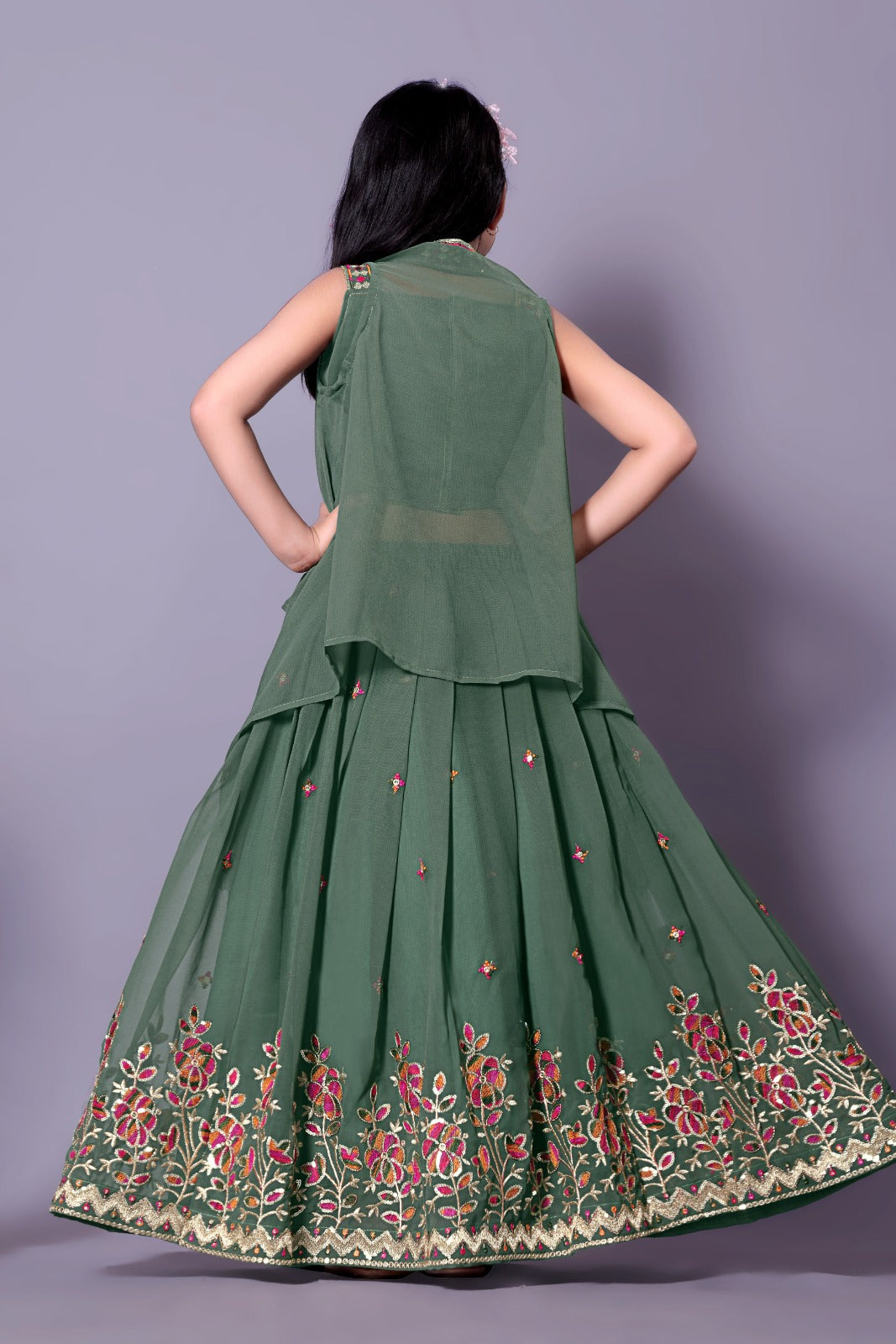 Olive Green Designer Embroidered Girls Lehenga Choli