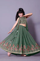 Olive Green Designer Embroidered Girls Lehenga Choli