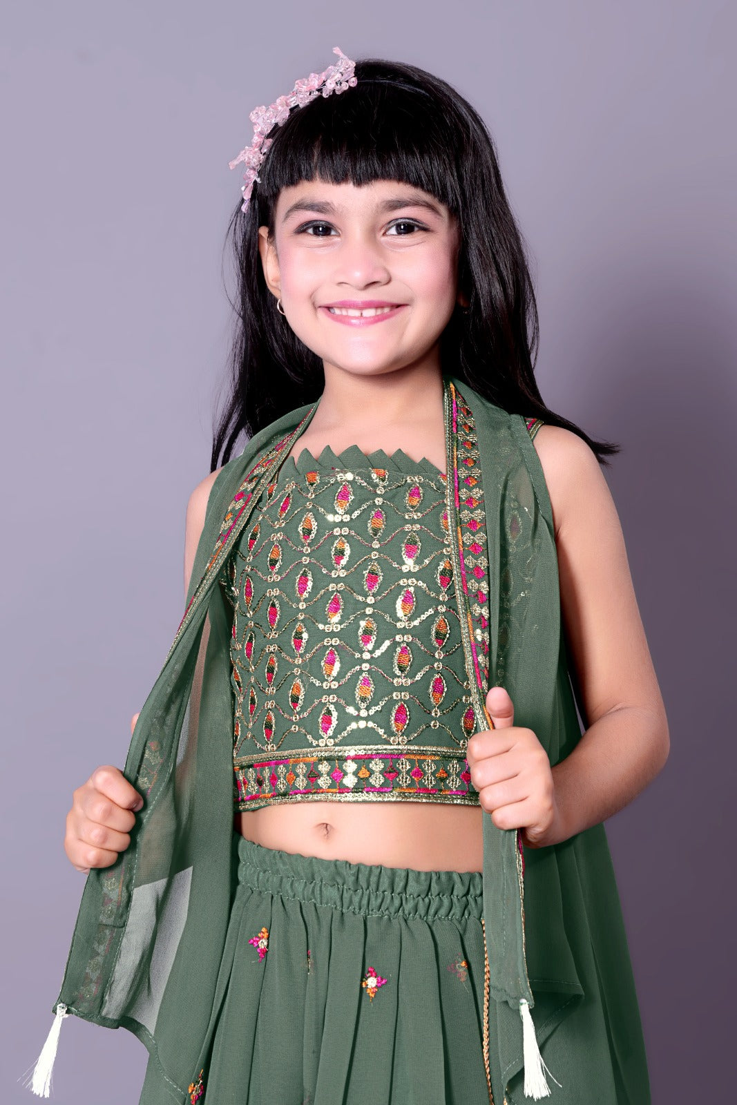 Olive Green Designer Embroidered Girls Lehenga Choli