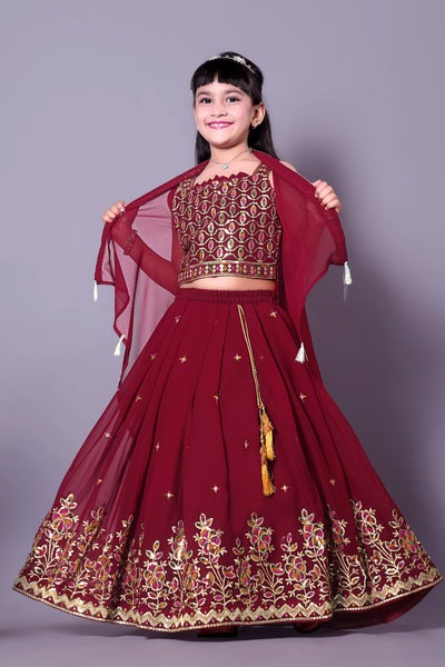 Designer Maroon Embroidered Girls Lehenga Choli