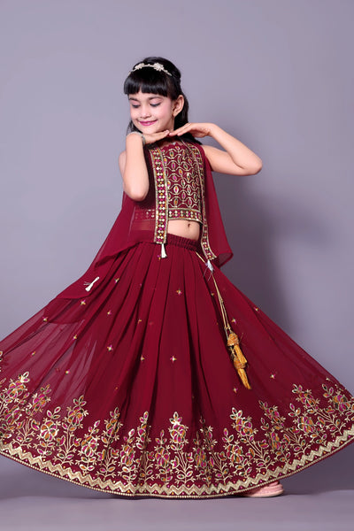 Designer Maroon Embroidered Girls Lehenga Choli
