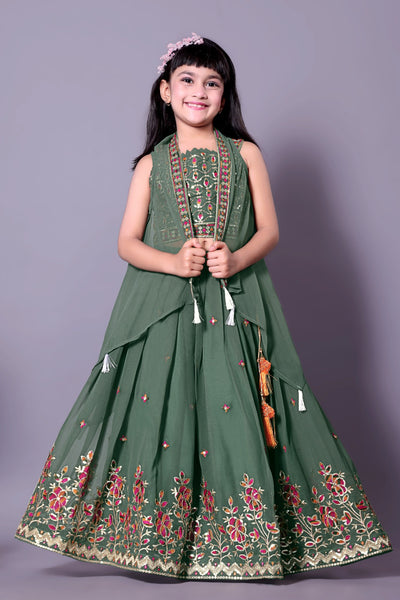 Olive Green Designer Embroidered Girls Lehenga Choli