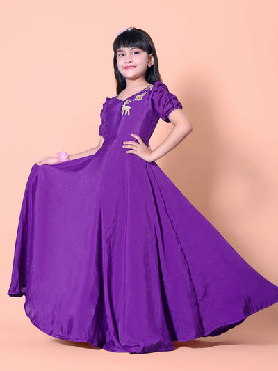 Purple Animal Embroidered Kids Gown