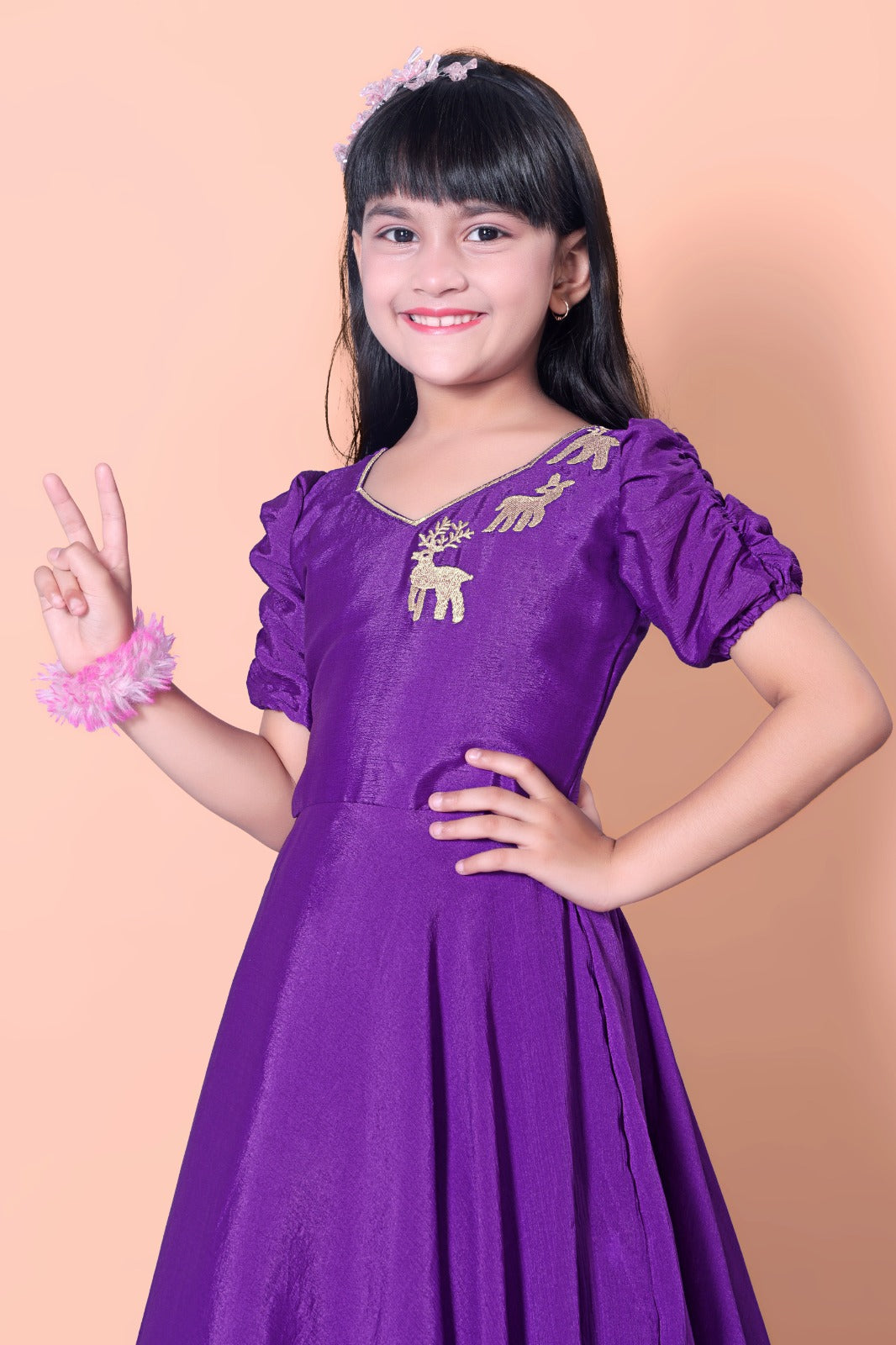 Purple Animal Embroidered Kids Gown