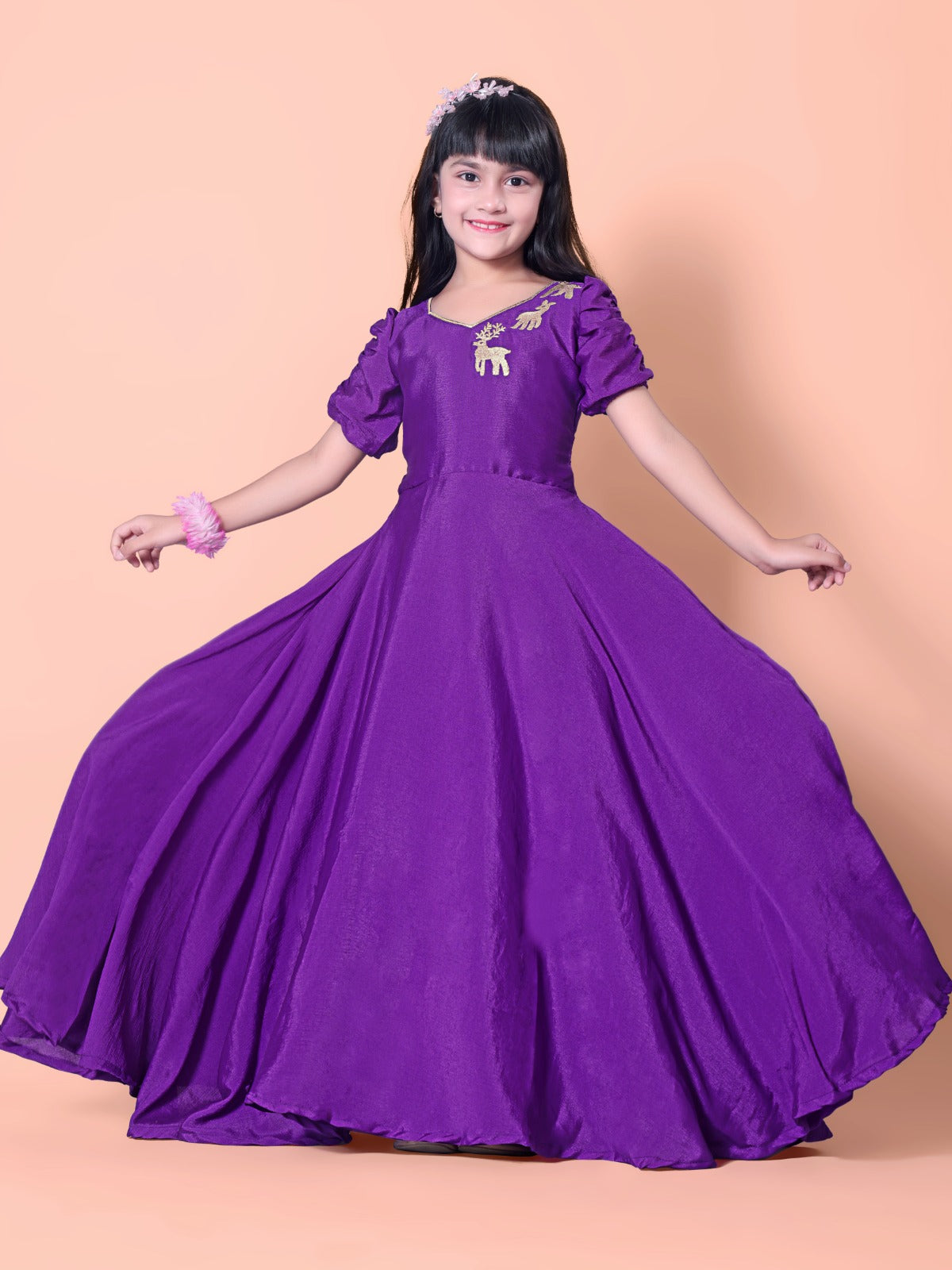 Purple Animal Embroidered Kids Gown