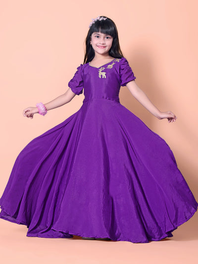 Purple Animal Embroidered Kids Gown