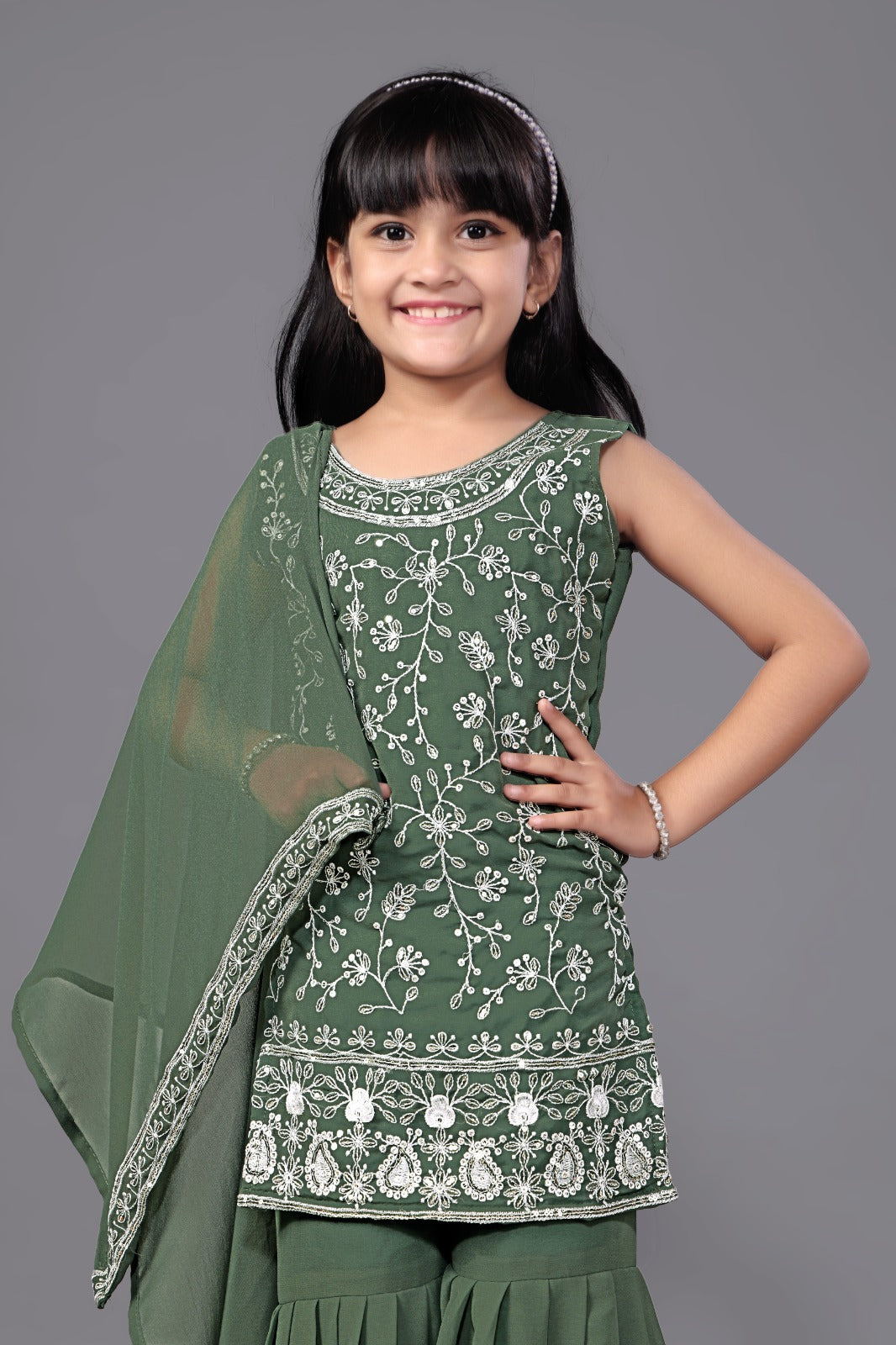 Embroidered Green Kids Sharara Suit
