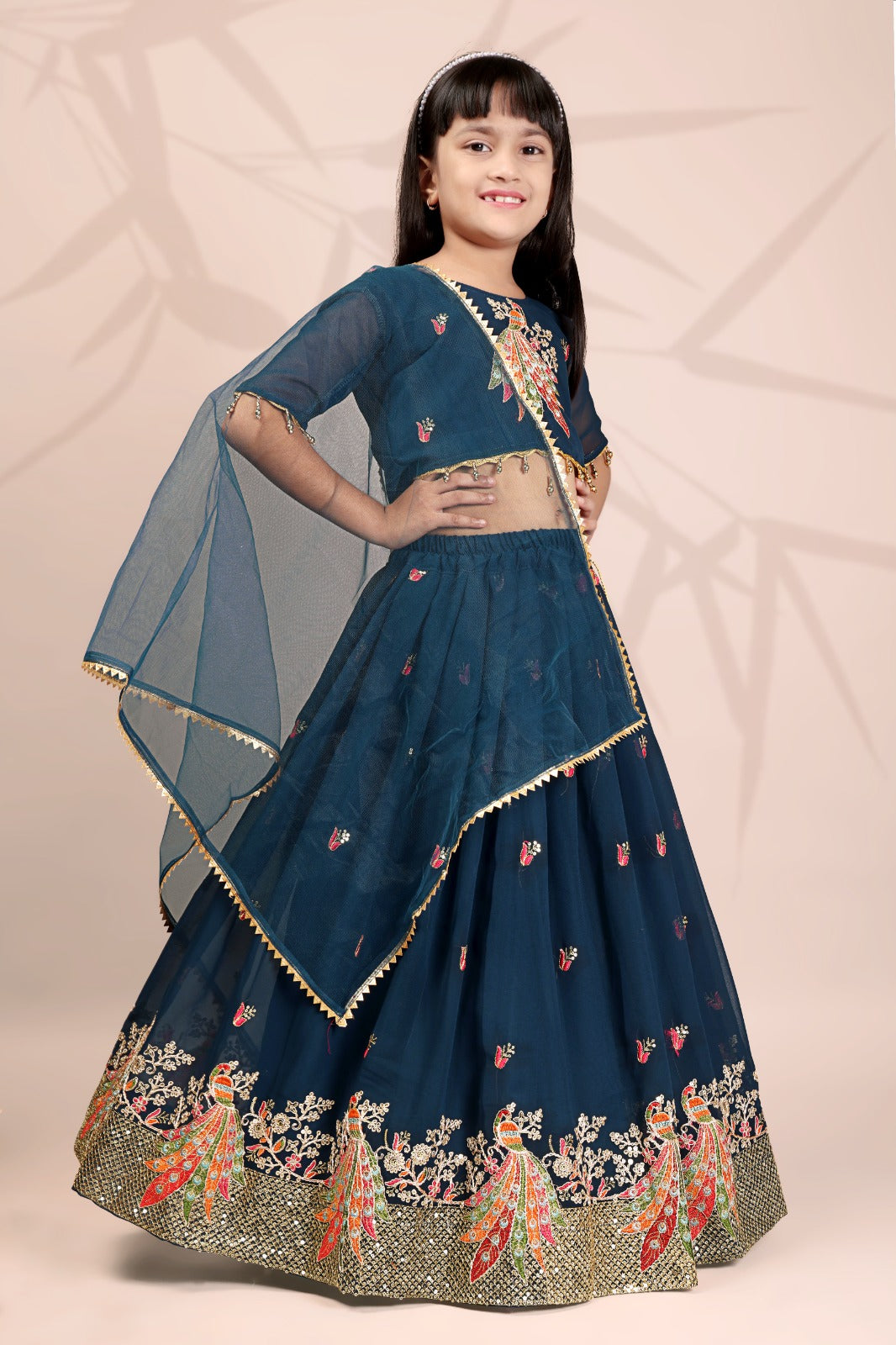 Teal Blue Peacock Embroidered Girls Lehenga Choli