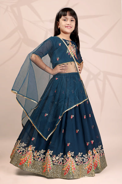 Teal Blue Peacock Embroidered Girls Lehenga Choli