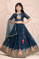 Teal Blue Peacock Embroidered Girls Lehenga Choli