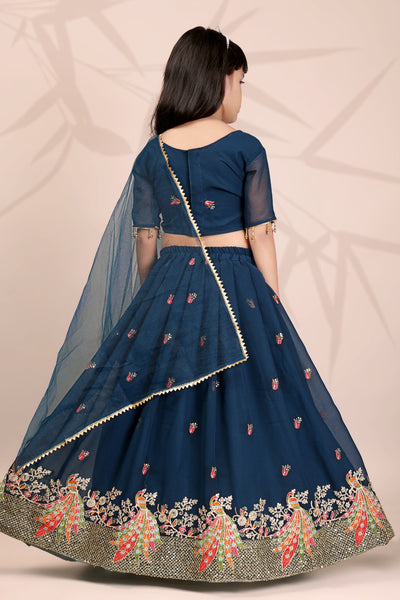 Teal Blue Peacock Embroidered Girls Lehenga Choli