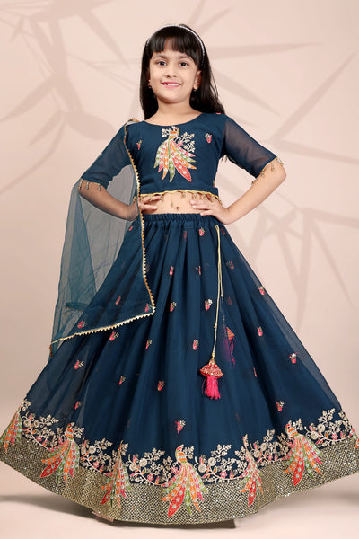 Teal Blue Peacock Embroidered Girls Lehenga Choli