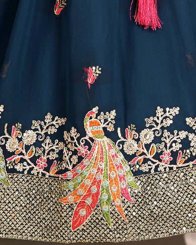 Teal Blue Peacock Embroidered Girls Lehenga Choli