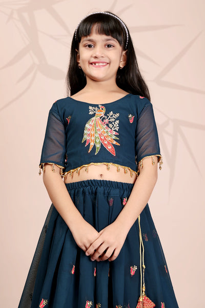 Teal Blue Peacock Embroidered Girls Lehenga Choli