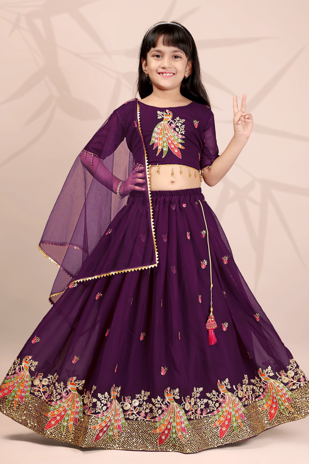 Wine Peacock Embroidered Girls Lehenga Choli