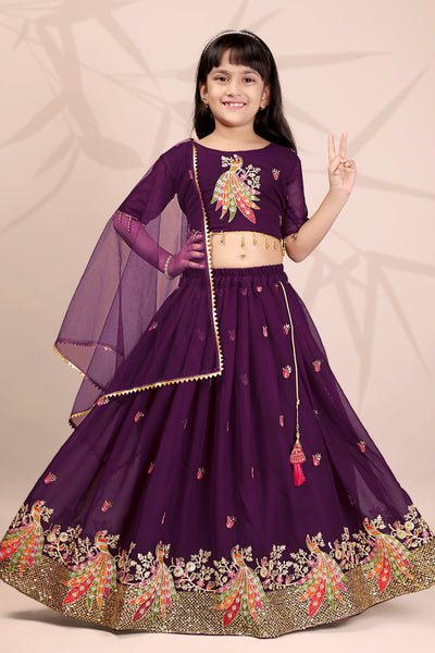 Wine Peacock Embroidered Girls Lehenga Choli