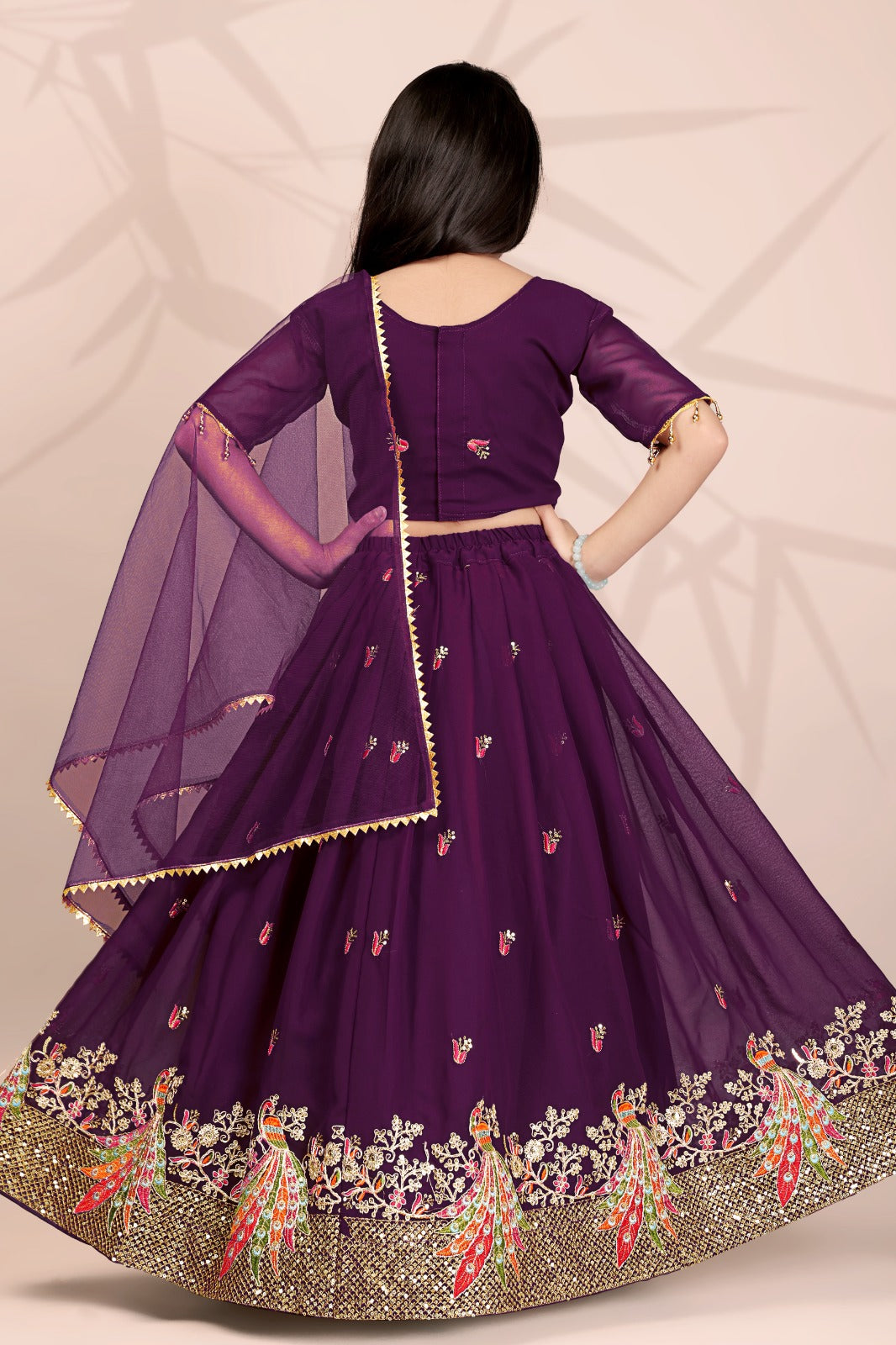 Wine Peacock Embroidered Girls Lehenga Choli
