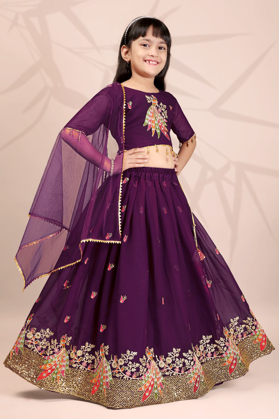 Wine Peacock Embroidered Girls Lehenga Choli