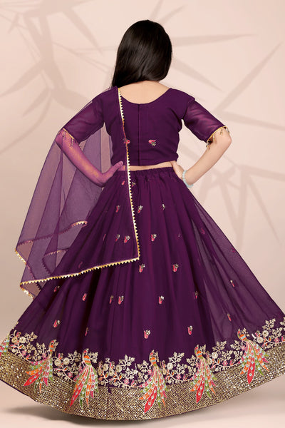 Wine Peacock Embroidered Girls Lehenga Choli