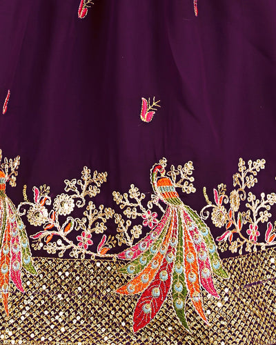 Wine Peacock Embroidered Girls Lehenga Choli