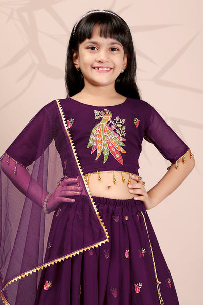 Wine Peacock Embroidered Girls Lehenga Choli