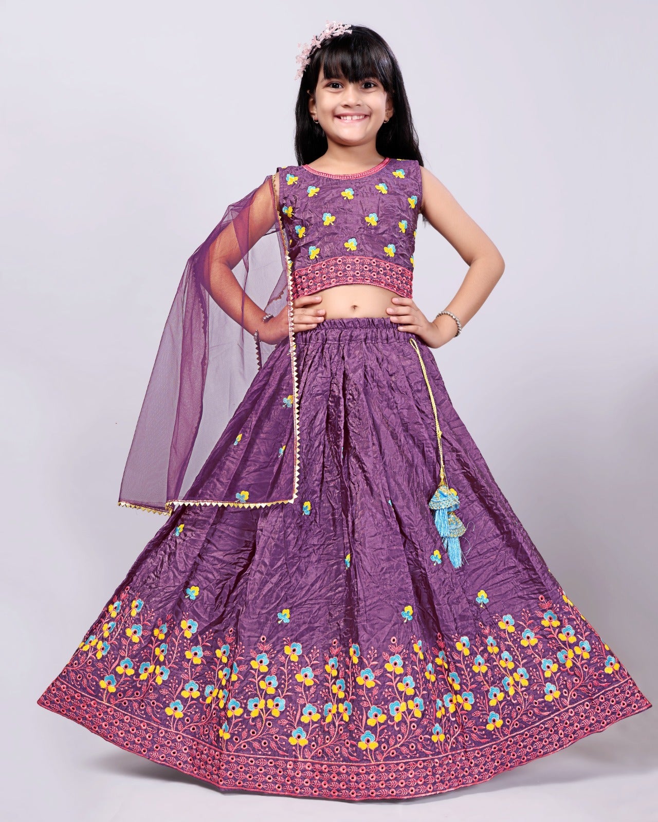 Festive Purple Embroidered Girls Lehenga Choli