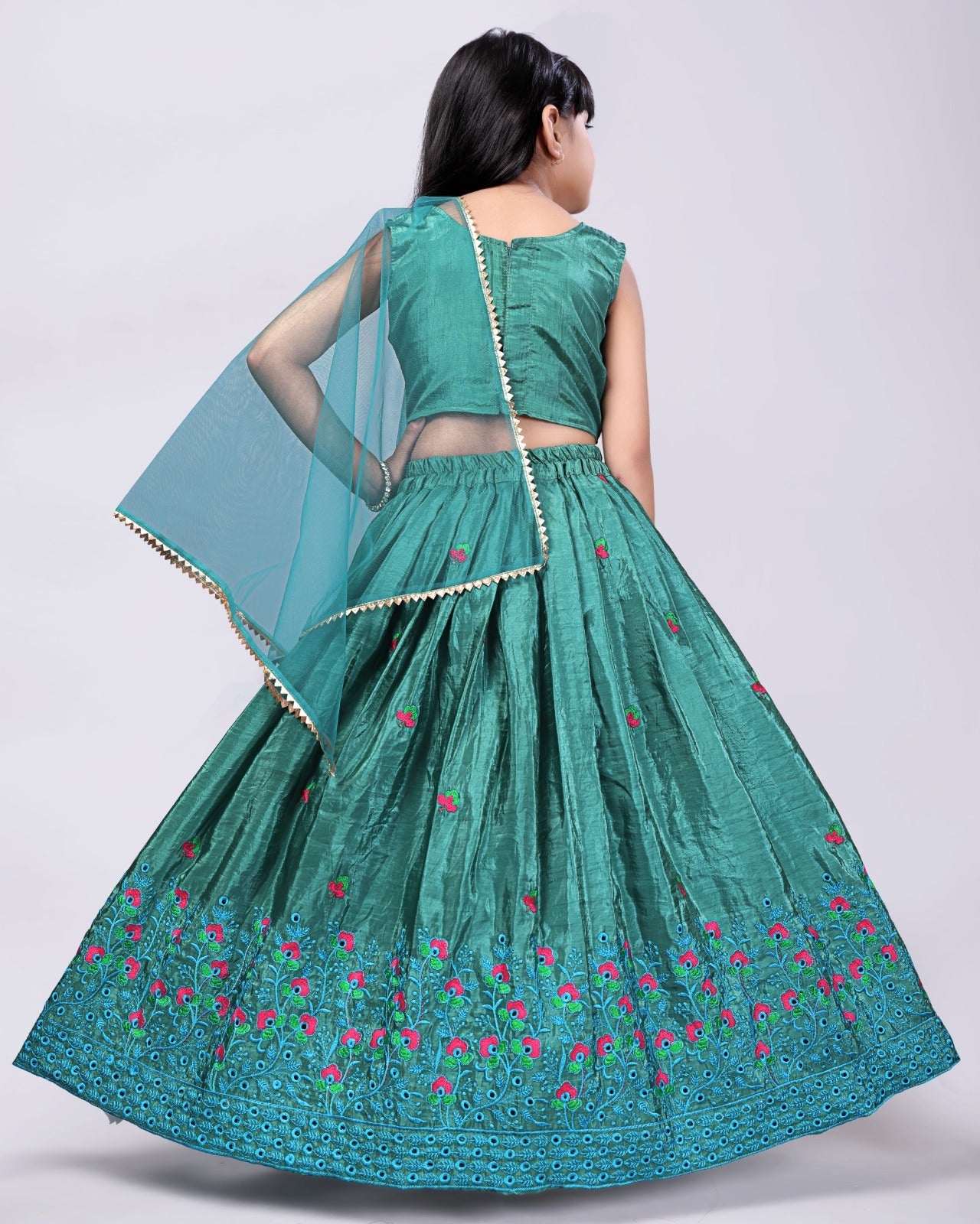 Teal Blue Embroidered Girls Lehenga Choli