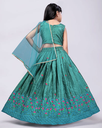 Teal Blue Embroidered Girls Lehenga Choli
