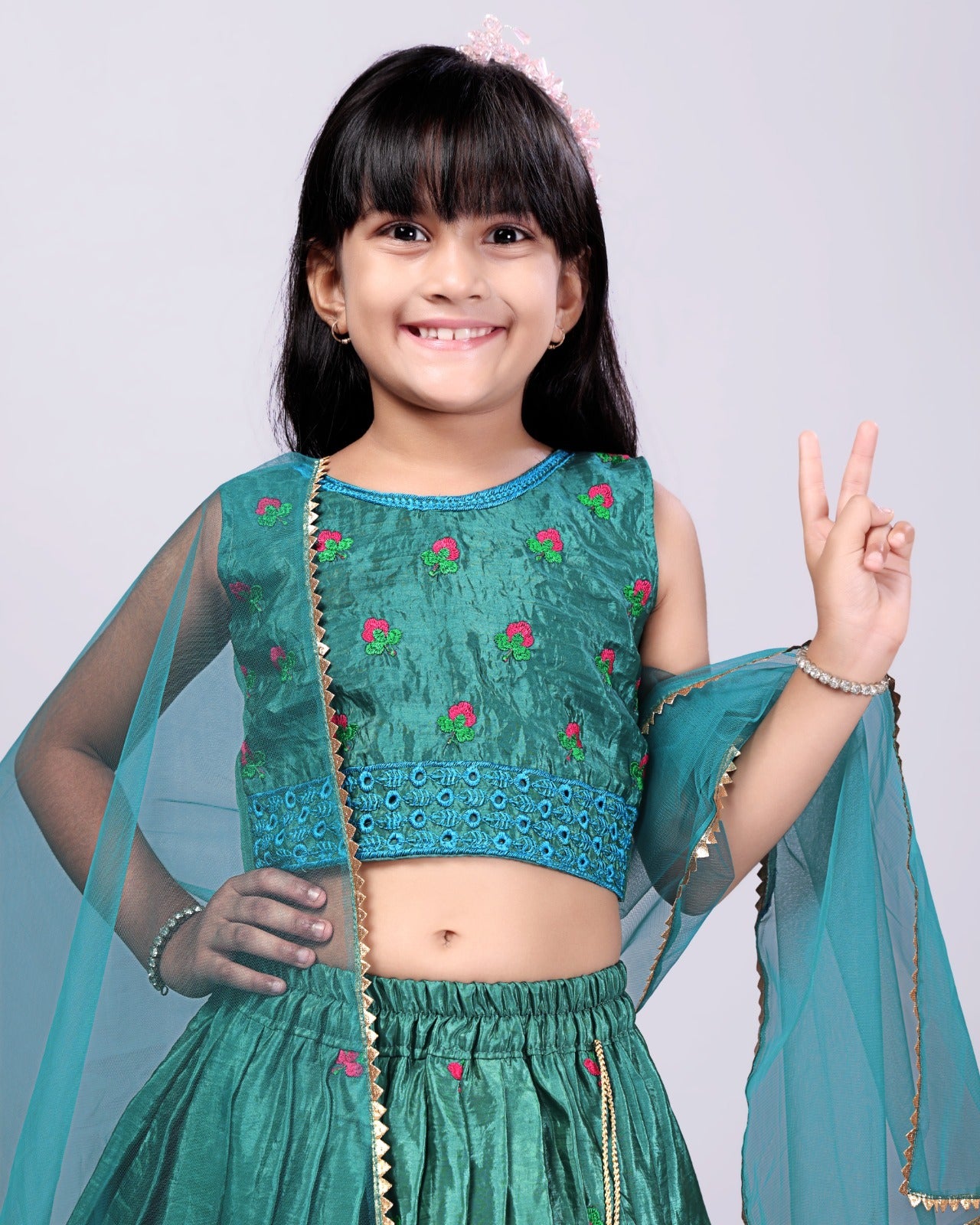 Teal Blue Embroidered Girls Lehenga Choli