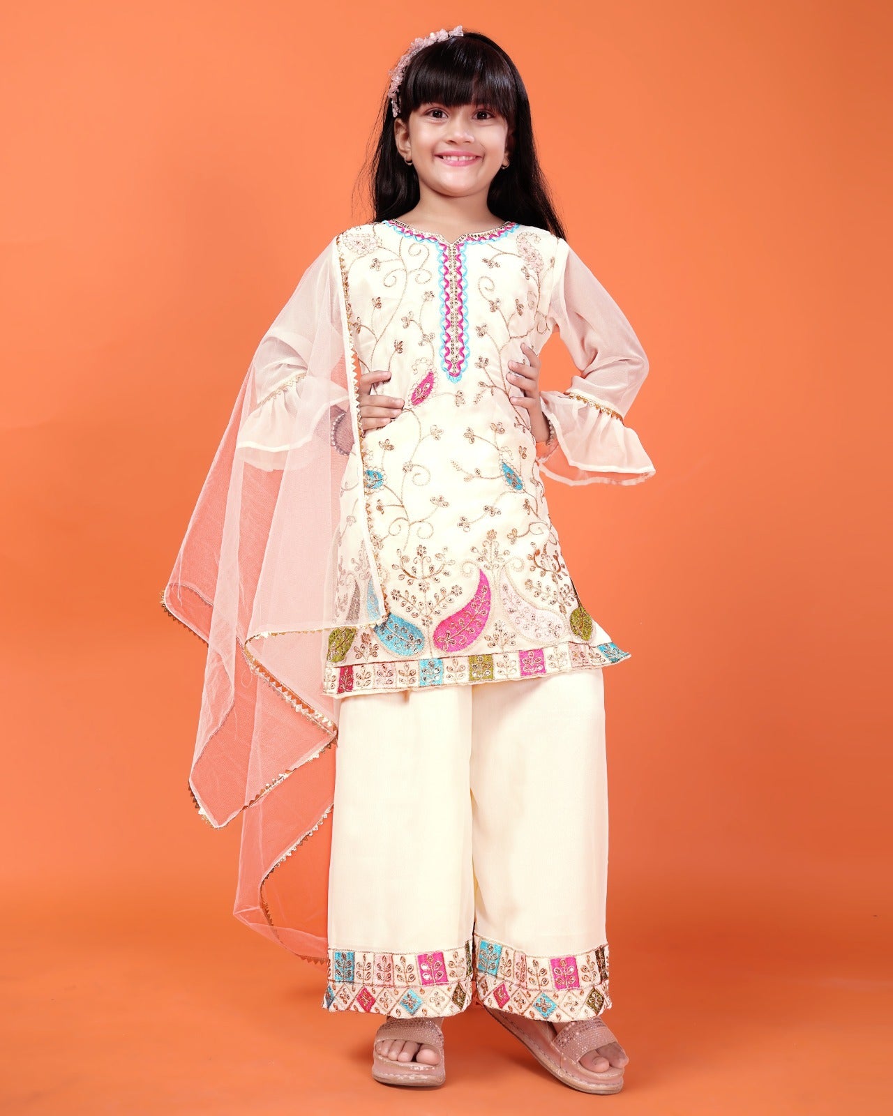 Off-White Multicolor Embroidered Kids Palazzo Set