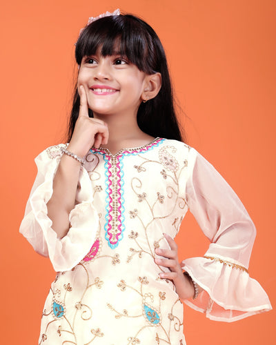 Off-White Multicolor Embroidered Kids Palazzo Set