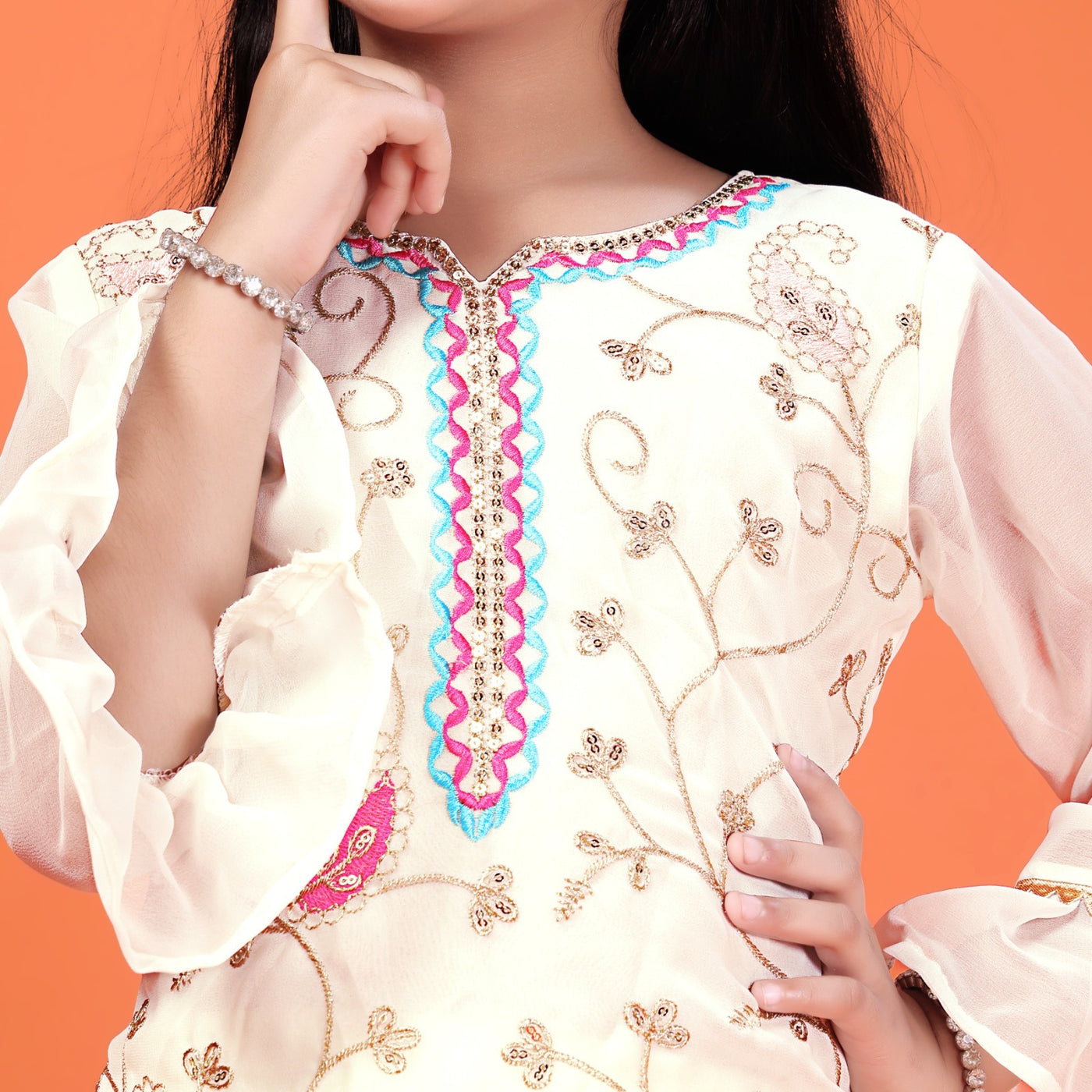 Off-White Multicolor Embroidered Kids Palazzo Set