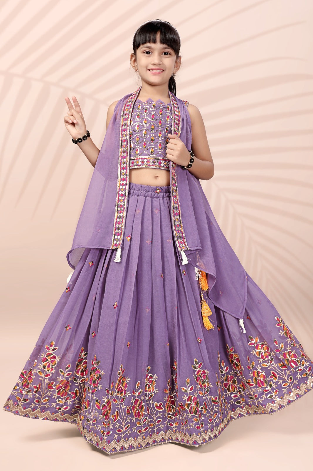 Lavender Embroidered Girls Lehenga Choli