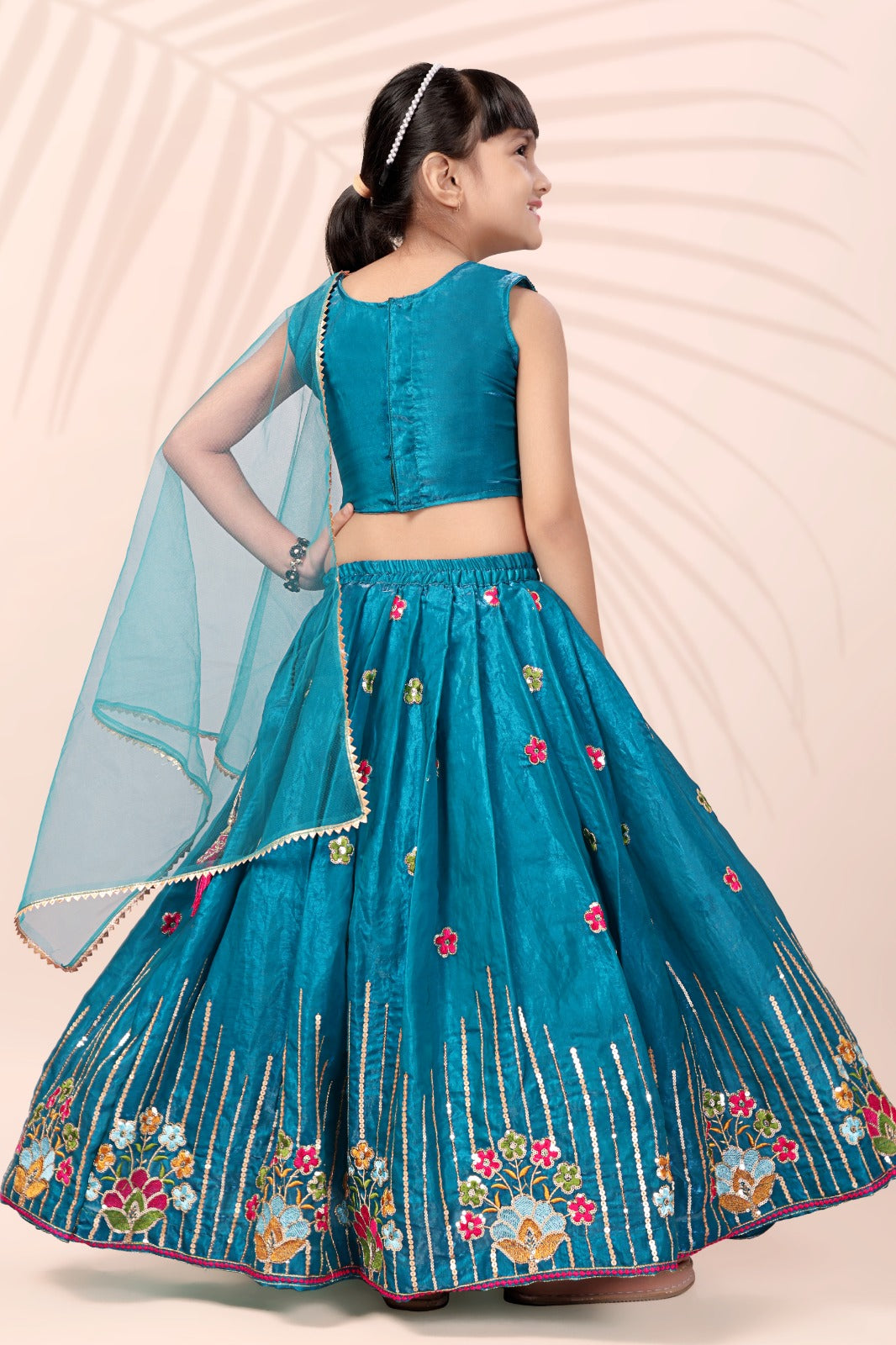 Teal Blue Floral Embroidered Girls Lehenga Choli