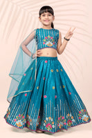 Teal Blue Floral Embroidered Girls Lehenga Choli