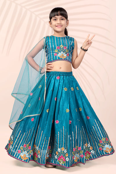 Teal Blue Floral Embroidered Girls Lehenga Choli
