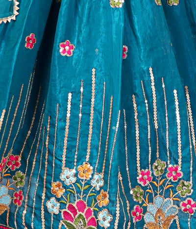 Teal Blue Floral Embroidered Girls Lehenga Choli