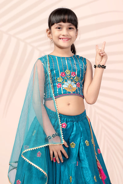 Teal Blue Floral Embroidered Girls Lehenga Choli