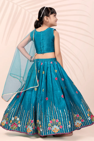 Teal Blue Floral Embroidered Girls Lehenga Choli